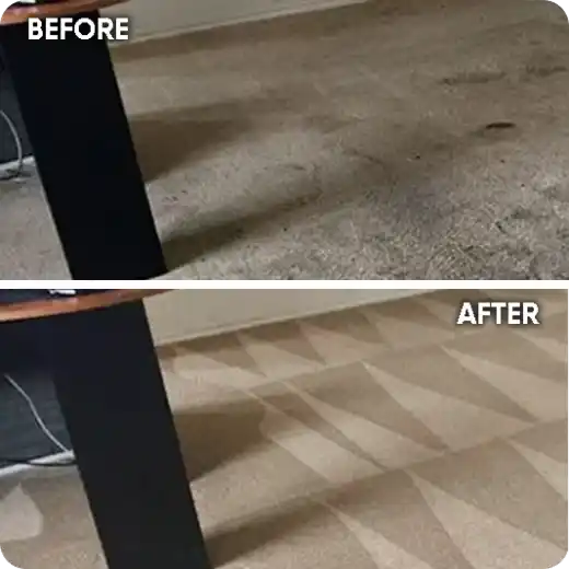 Before and After: Pure Clean Carpets restores a dirty, stained carpet to a clean, vibrant state.