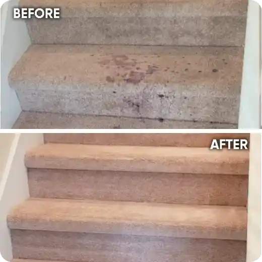 Before and After: Pure Clean Carpets removes a large dirt stain from a carpeted staircase, restoring it to a pristine condition.